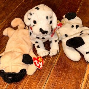3 TY Dog Beanie Babies Rescue Pugsley Dotty